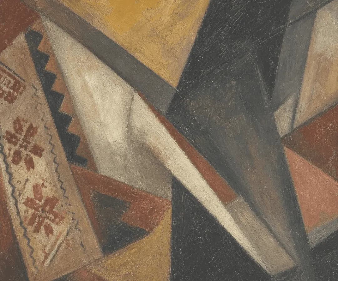 Angular cubist composition in ochre, rust and charcoal, Inspired by Goncharova