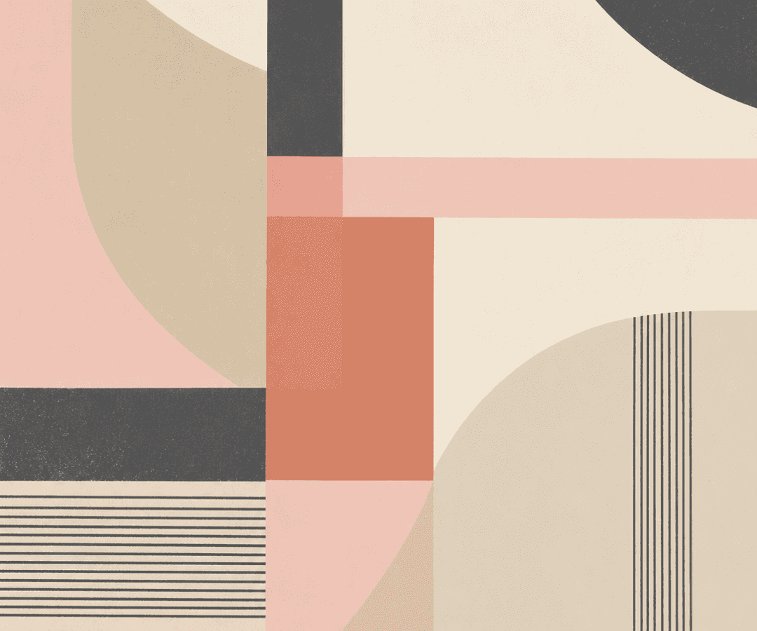 Overlapping pink, coral, sand and charcoal arcs with fine vertical lines, Inspired by Lora Lamm