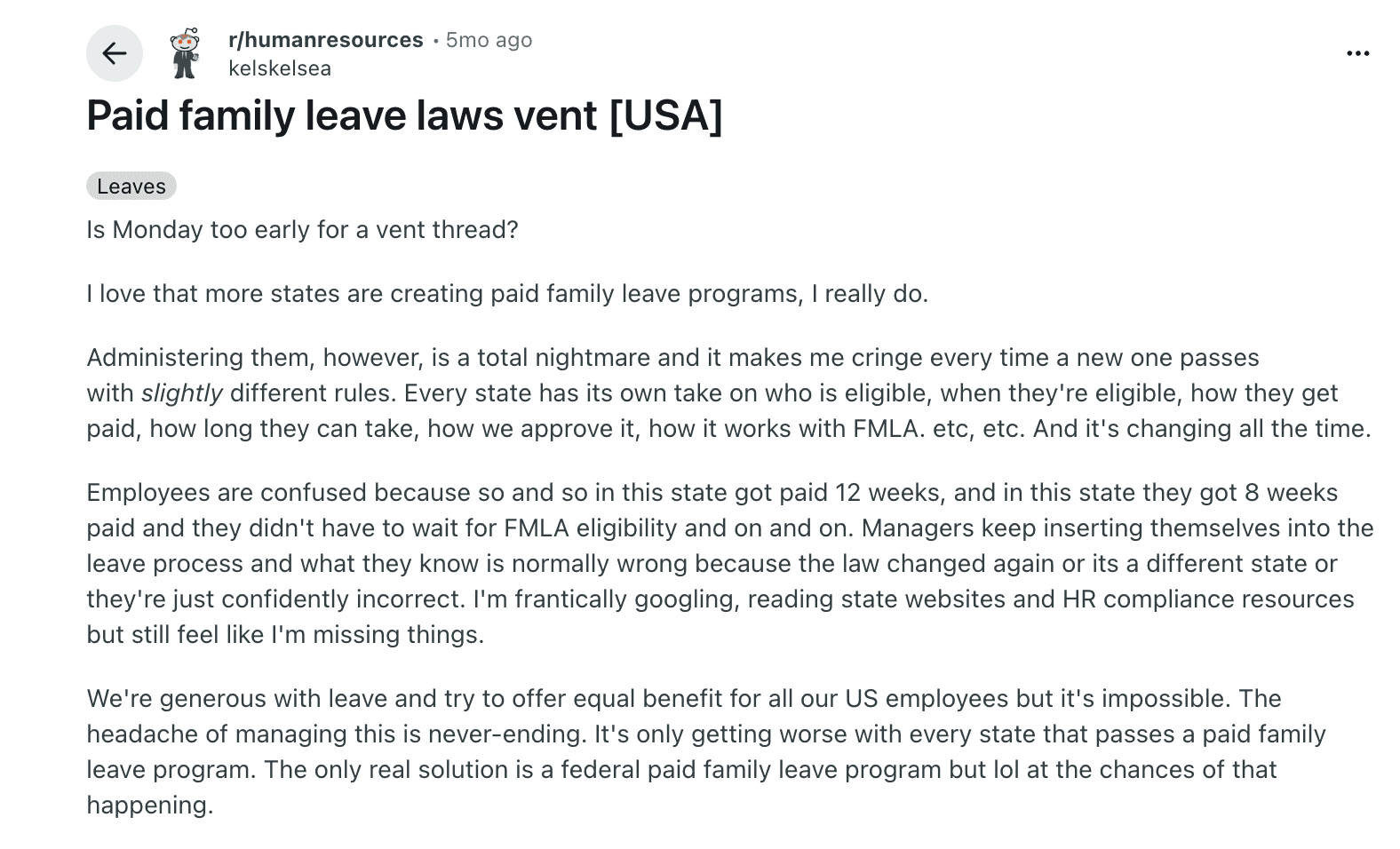 Screenshot of a Reddit post titled Paid family leave laws vent, from an HR professional