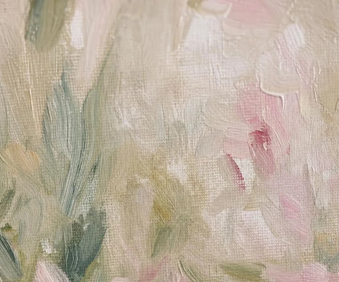 Loose impressionist brush marks in cream, rose and sage on canvas