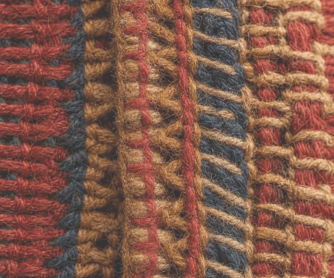 Kantha running-stitch embroidery in ochre, red and indigo wool