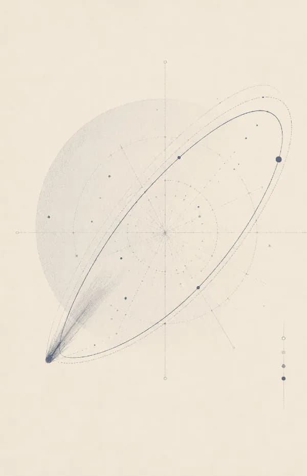 A pale astronomer’s chart of a long elliptical comet orbit crossing faint star rings, Inspired by Caroline Herschel