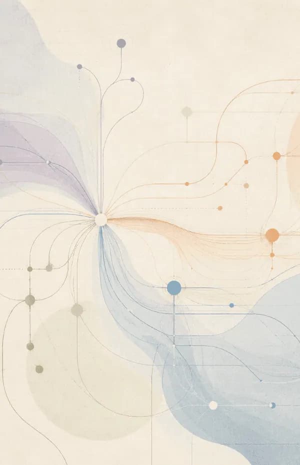 Fine lines in lilac, orange and blue branching out from a single node like a network diagram, Inspired by Radia Perlman