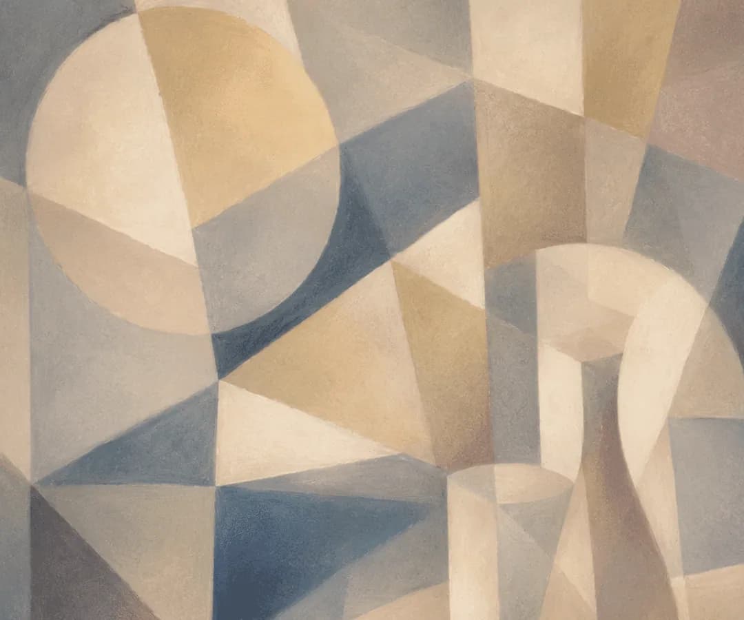 Muted geometric abstraction in blue, sand and grey, Inspired by Gwen John