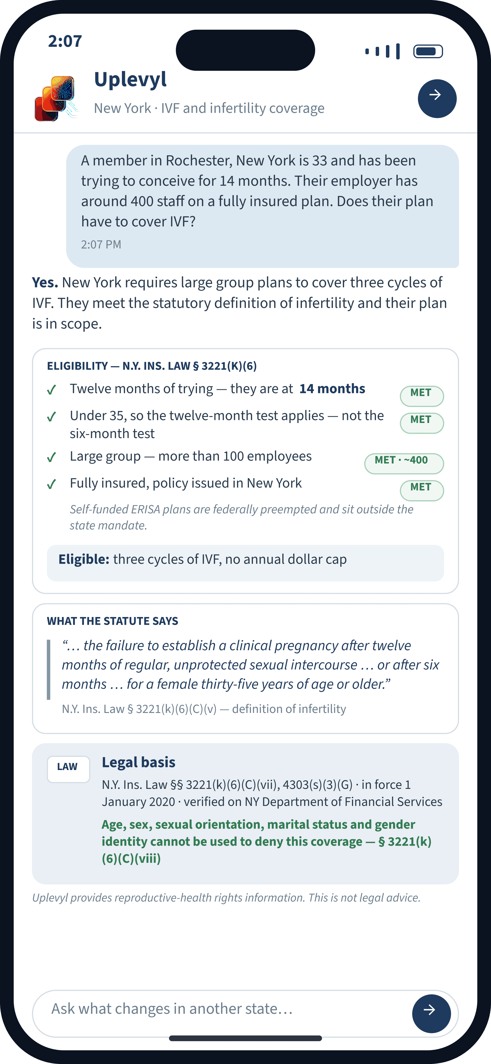 Phone showing an Uplevyl chat answering whether a New York employer plan must cover IVF, with each eligibility condition marked as met and the statute cited