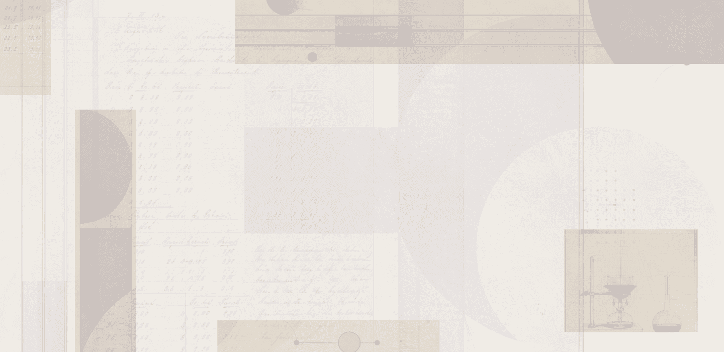 Faded archival papers, ledgers and glassware in sepia and rose behind the podcast title