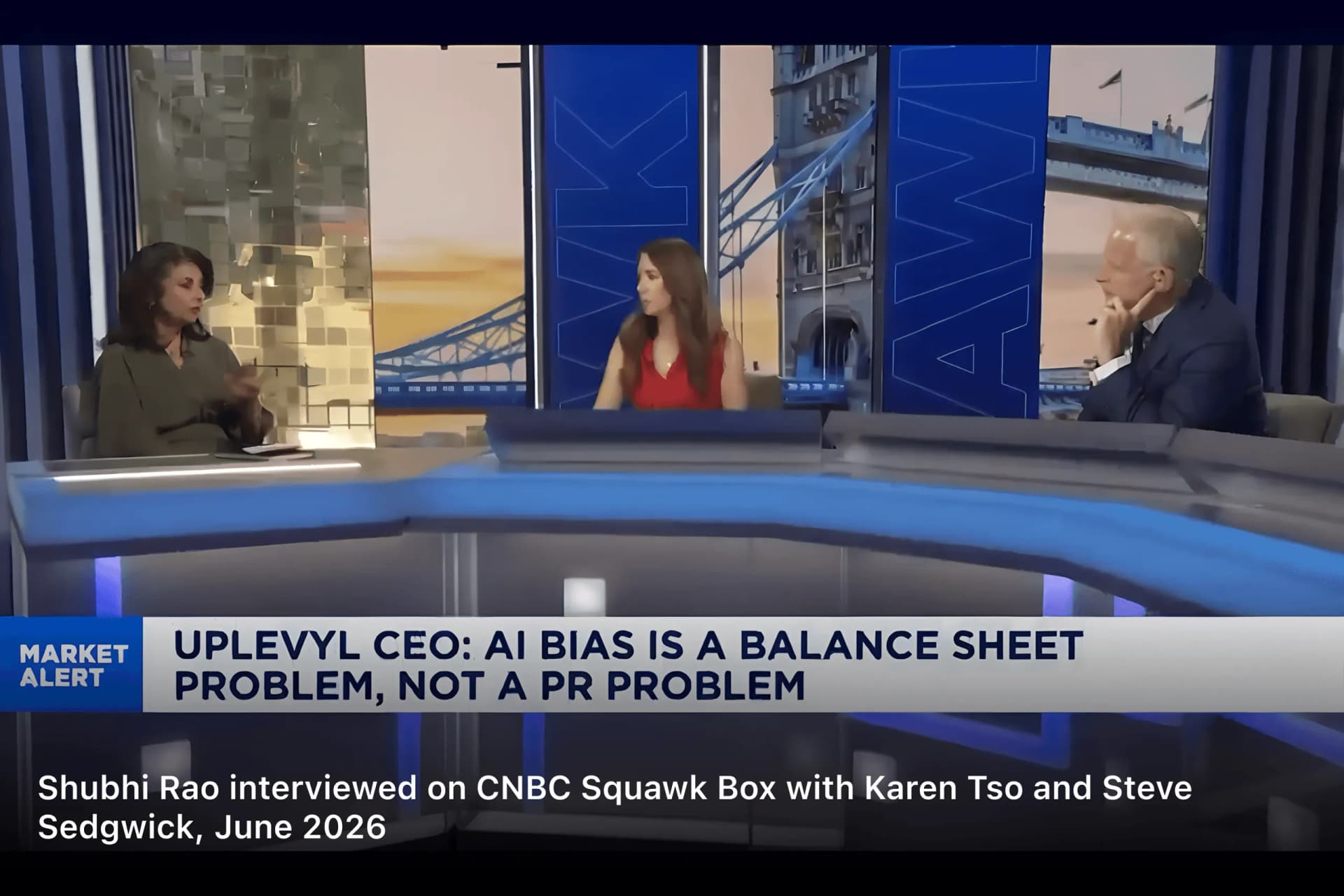 Shubhi Rao interviewed on the CNBC Squawk Box set with Karen Tso and Steve Sedgwick, June 2026
