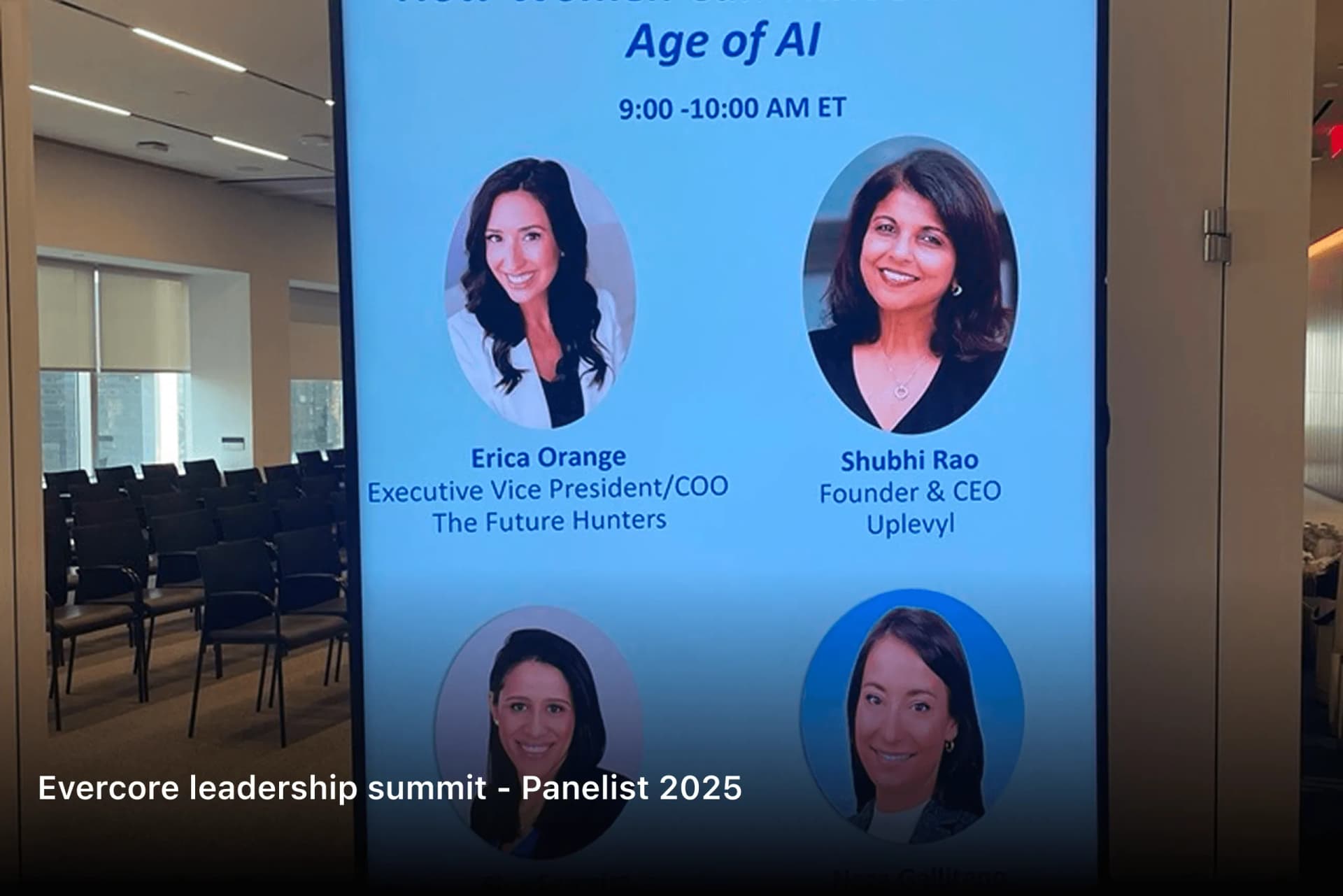 Screen announcing the Age of AI session with Erica Orange and Shubhi Rao at the Evercore leadership summit, 2025