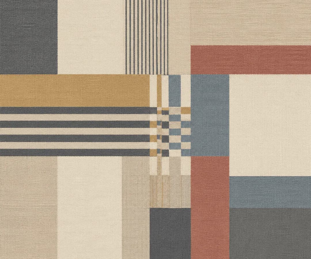 Bauhaus-style woven tapestry of ochre, slate, rust and cream stripes and checks, Inspired by Gunta Stölzl