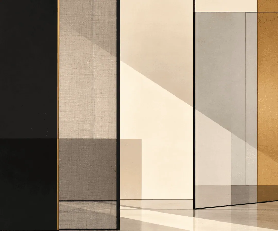 Tall translucent panels in sand, taupe and amber lit by diagonal light, Inspired by Lilly Reich