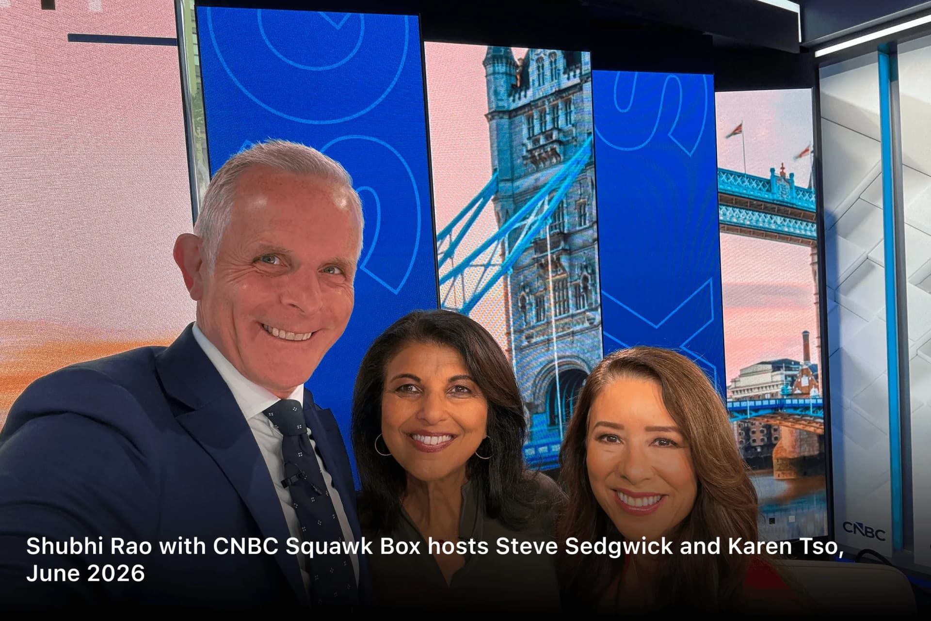 Shubhi Rao with CNBC Squawk Box hosts Steve Sedgwick and Karen Tso in the studio, June 2026