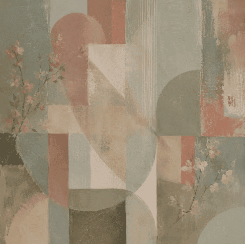 Soft geometric panels in rose, sage and sand with sprigs of blossom, Inspired by Marie Bracquemond