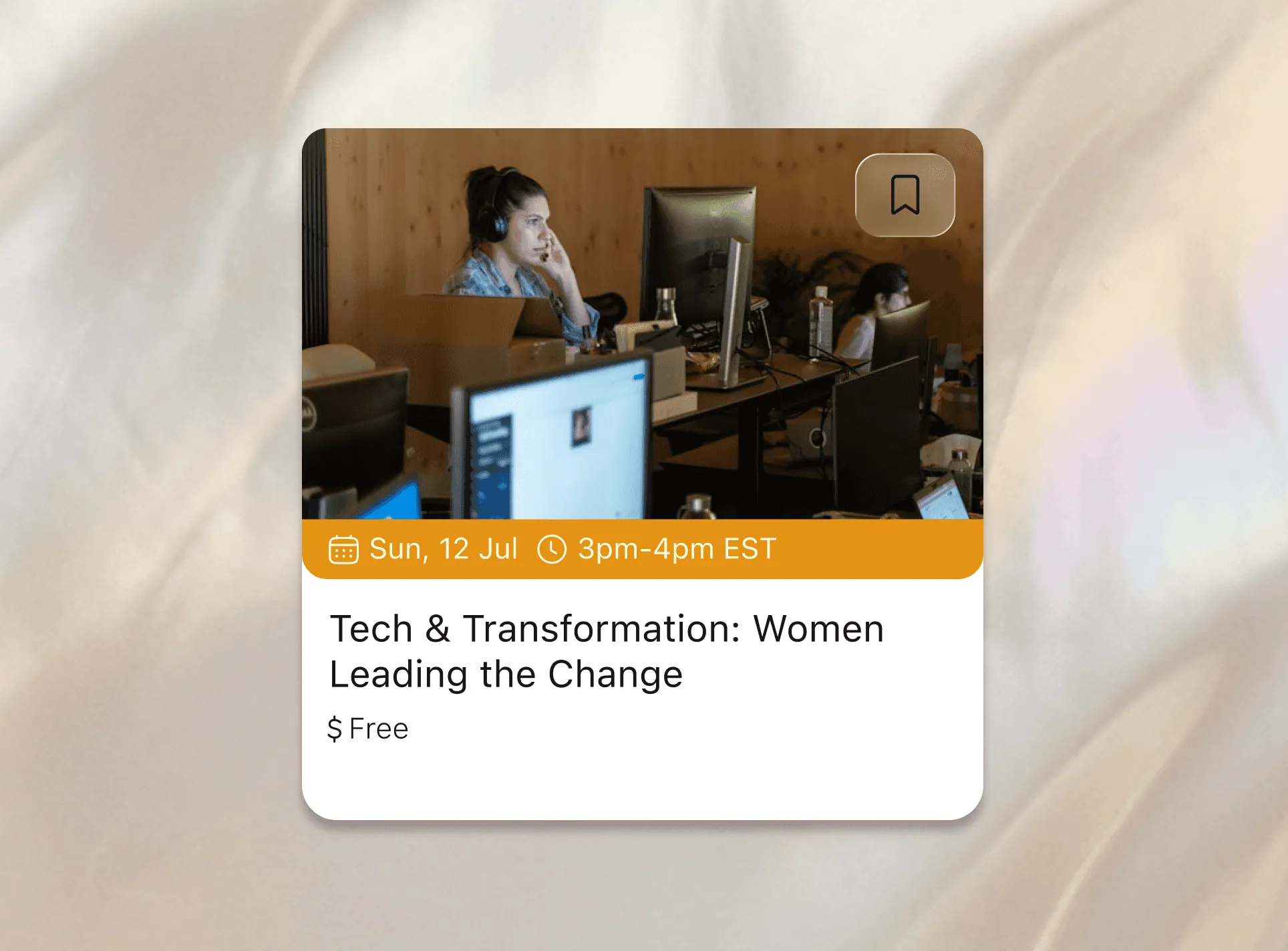 A live workshop card: Tech & Transformation: Women Leading the Change, Sunday 12 July