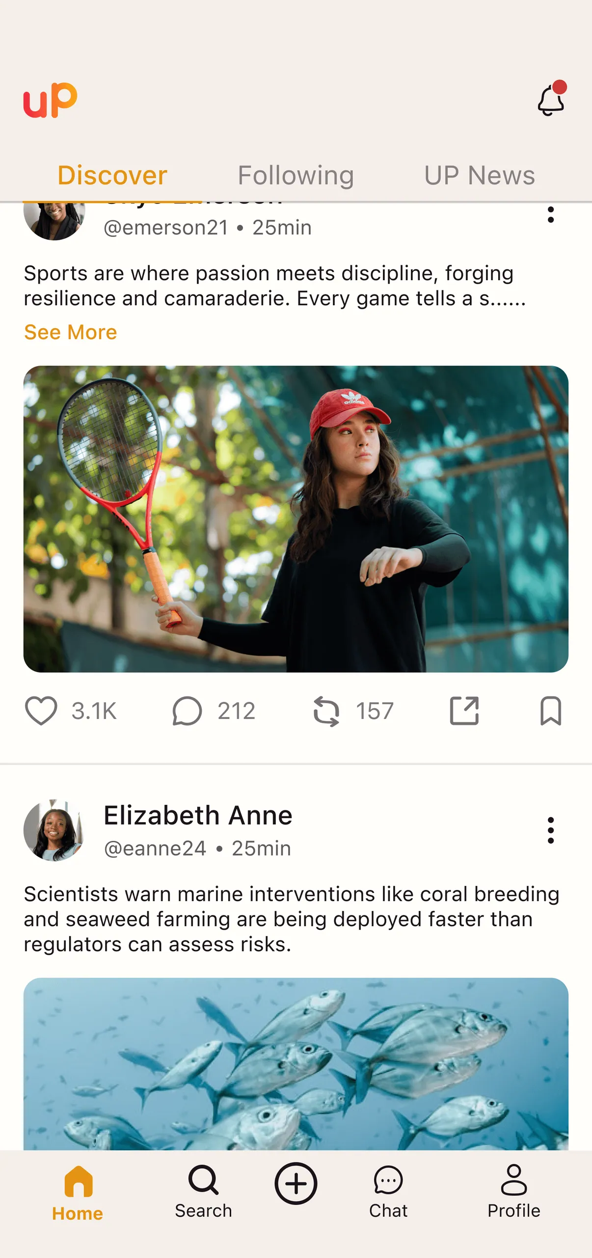 The UP app Discover feed: posts from Skye Emerson and Elizabeth Anne with photos, likes and comments