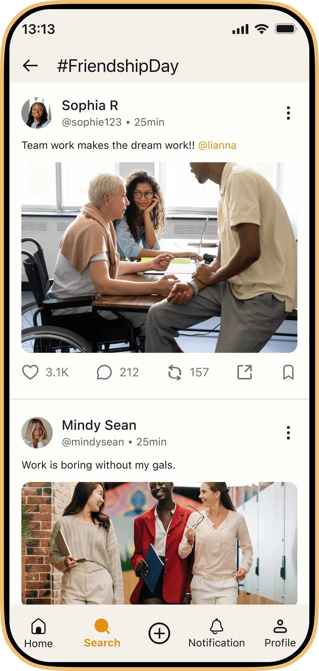 UP #FriendshipDay feed with posts from Sophia R and Mindy Sean