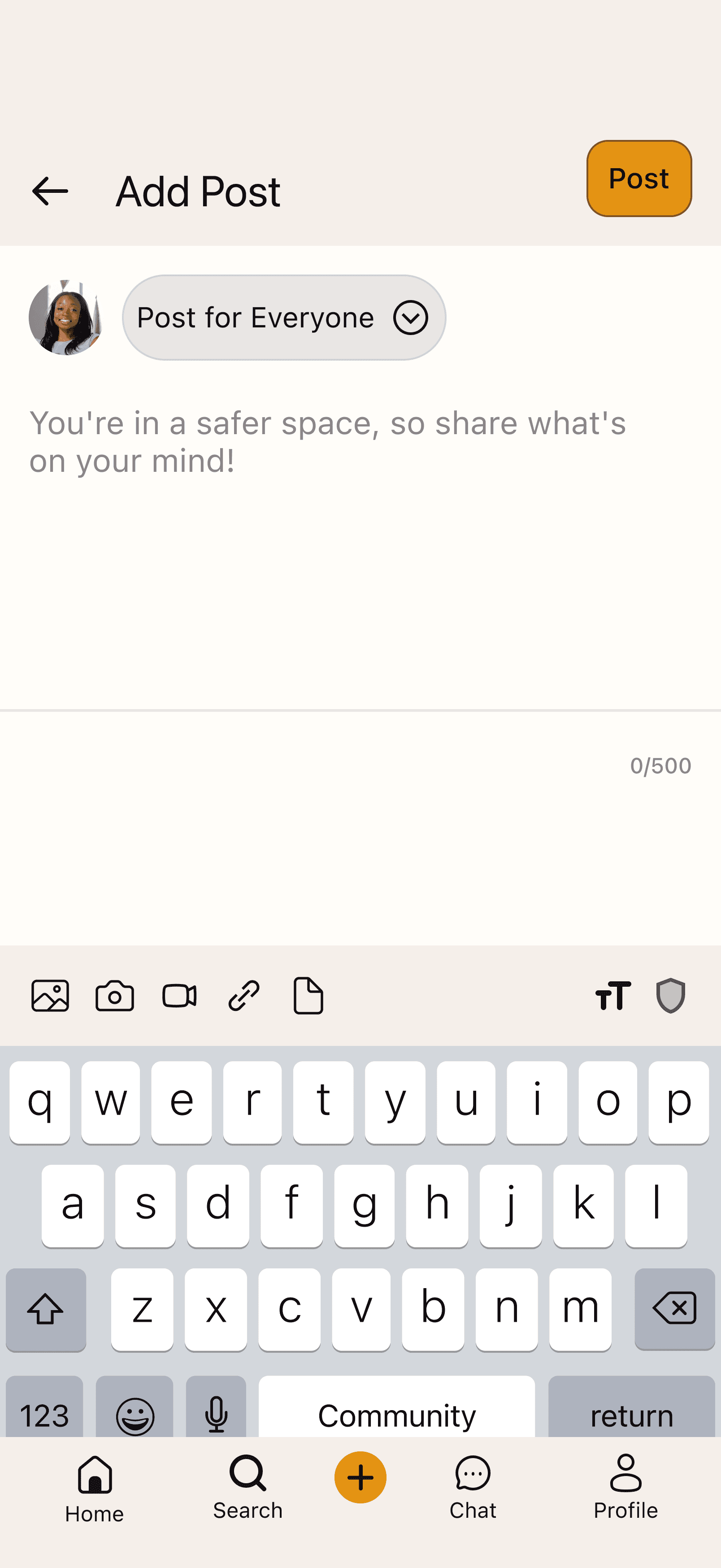 The UP app Add Post screen: Post for Everyone, the prompt "You're in a safer space, so share what's on your mind!" and the keyboard