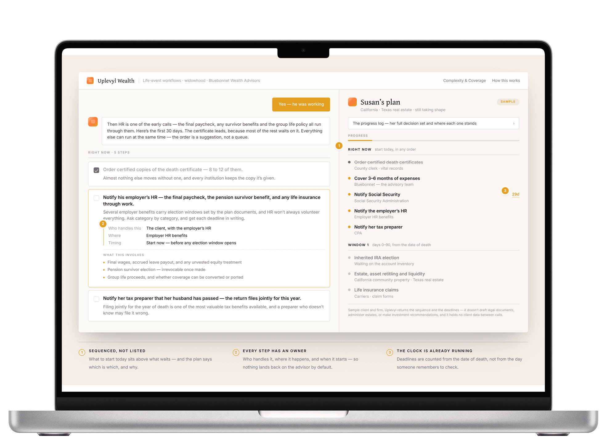Uplevyl Wealth on a laptop: a widowhood life-event workflow with Susan's sequenced plan, deadlines and owners