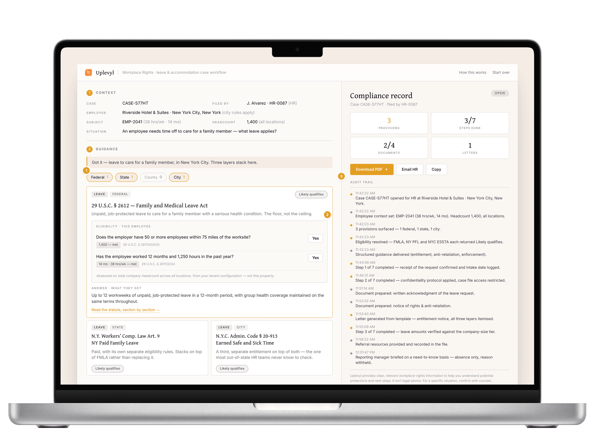 Laptop showing the Uplevyl workplace-rights case workflow for a New York City leave request: the federal, state and city entitlements, the eligibility checks and the audit trail